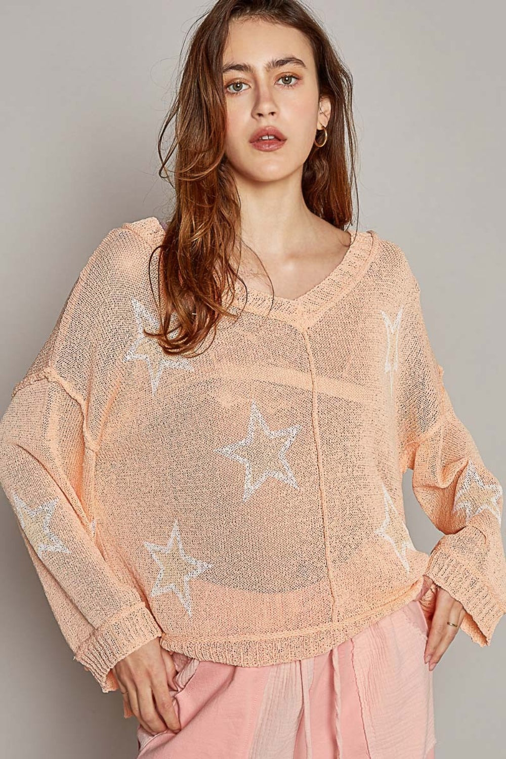 V-Neck Long Sleeve Star Print Knit Boho Top - Spirit and Rebel [Spirit and Rebel]   