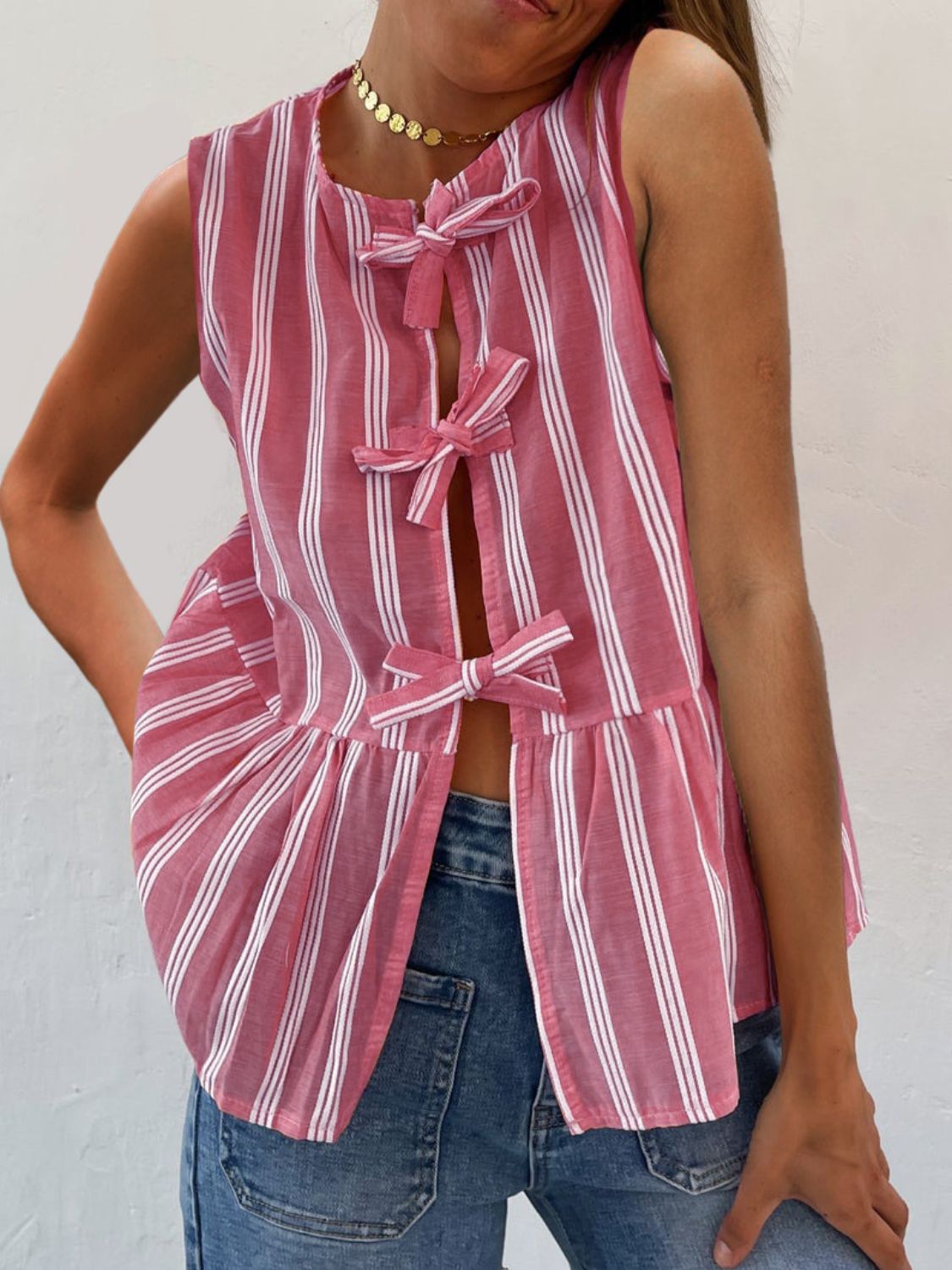 Tied Striped Round Neck Tank