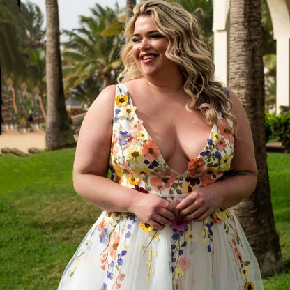 Spirit and Rebel V Neck Embroidered Flowers Plus Size Boho Wedding Dress [Spirit and Rebel]   