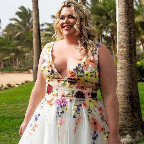 Spirit and Rebel V Neck Embroidered Flowers Plus Size Boho Wedding Dress [Spirit and Rebel]   