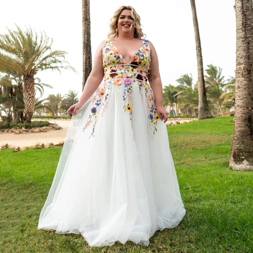 Spirit and Rebel V Neck Embroidered Flowers Plus Size Boho Wedding Dress [Spirit and Rebel]   