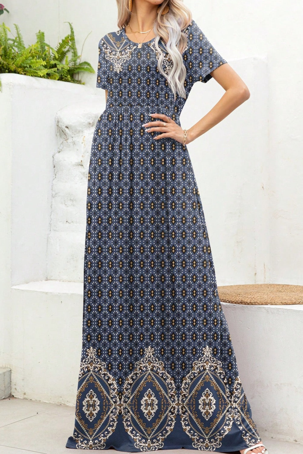 Printed Round Neck Short Sleeve Maxi Boho Dress - Spirit and Rebel [Spirit and Rebel] French Blue S 