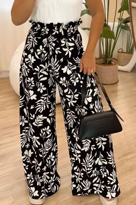 Plus Size Printed High Waist Wide Leg Boho Pants [Spirit and Rebel] Black S 