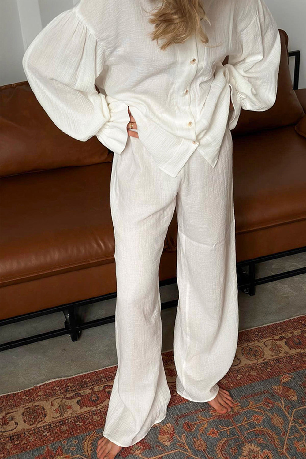 Breathable Ruffled V-Neck Long Sleeve Top and Pants Set [Spirit and Rebel]