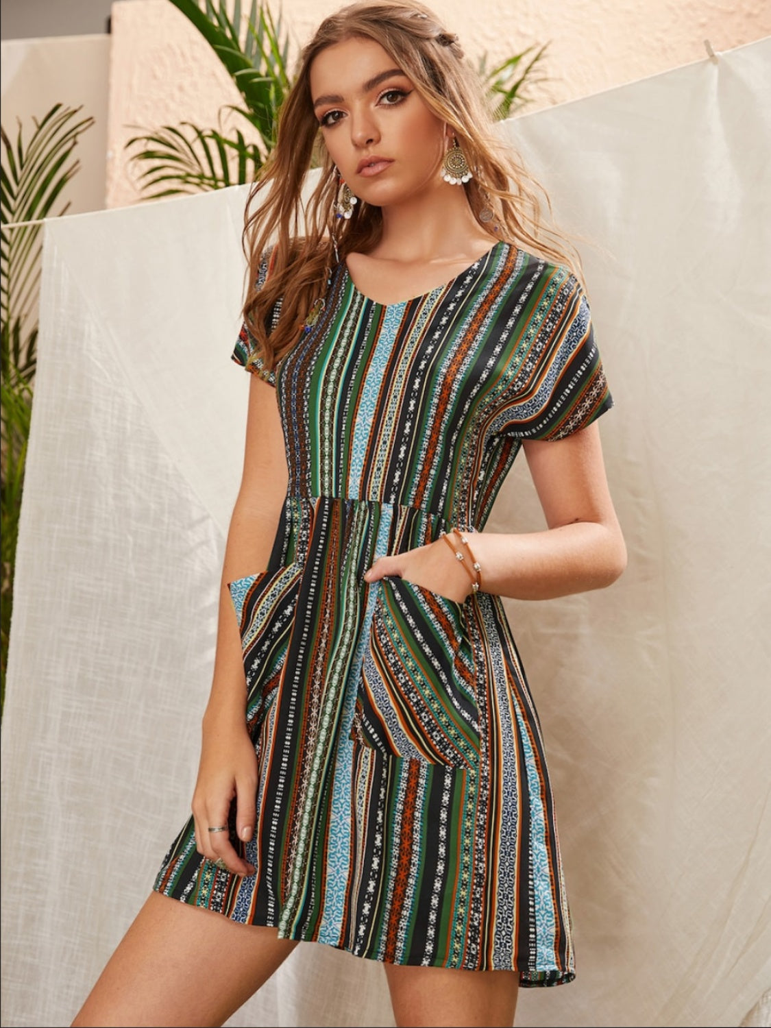 Pocketed Striped Short Sleeve Boho Dress [Spirit and Rebel]   