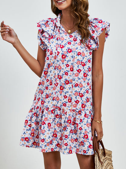 Tied Floral Cap Sleeve Mini Boho Dress - Spirit and Rebel [Spirit and Rebel] Rust S 