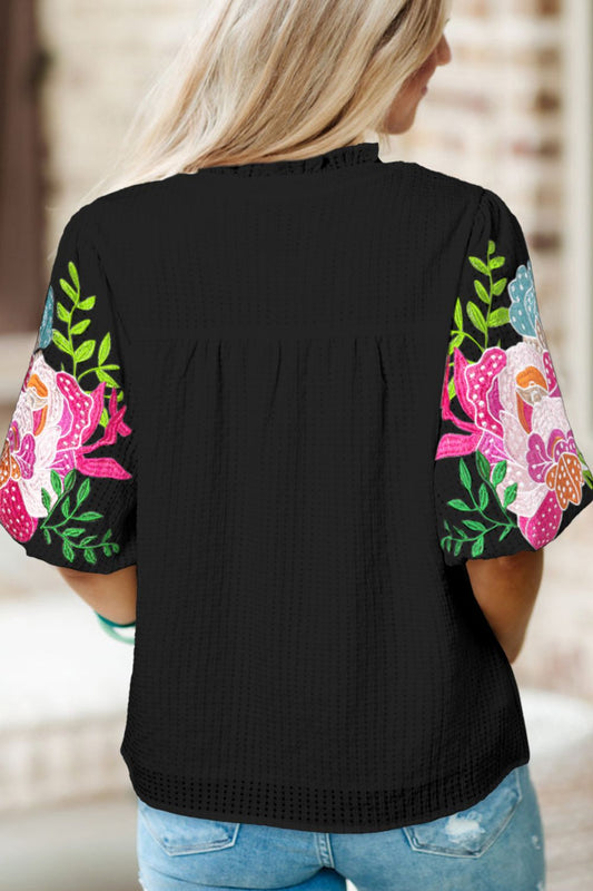 Embroidered Notched Puff Sleeve Boho Blouse - Spirit and Rebel [Spirit and Rebel] Black S 