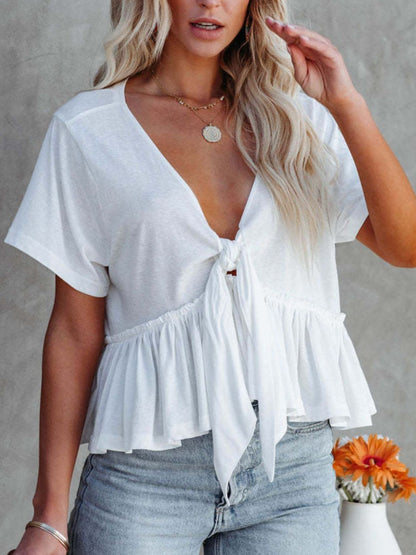 Tied Plunge Short Sleeve Boho Blouse - Spirit and Rebel [Spirit and Rebel]   