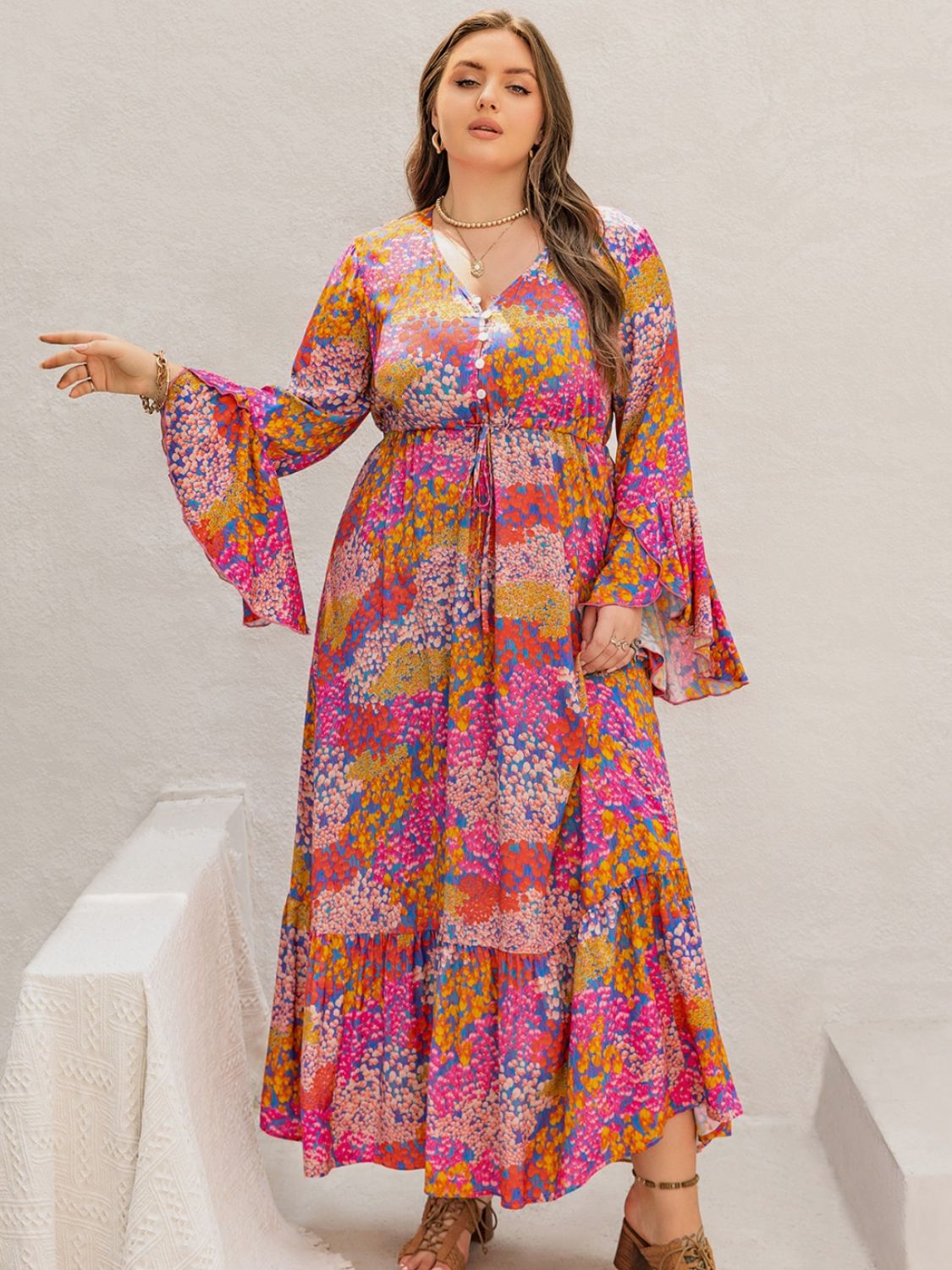 Plus Size Printed V-Neck Long Sleeve Maxi Dress - Spirit and Rebel [Spirit and Rebel]   