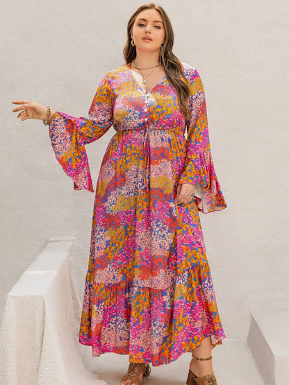 Plus Size Printed V-Neck Long Sleeve Maxi Dress - Spirit and Rebel [Spirit and Rebel]   