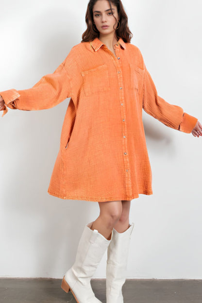 Pocketed Button Up Long Sleeve Shirt Dress [Spirit and Rebel]