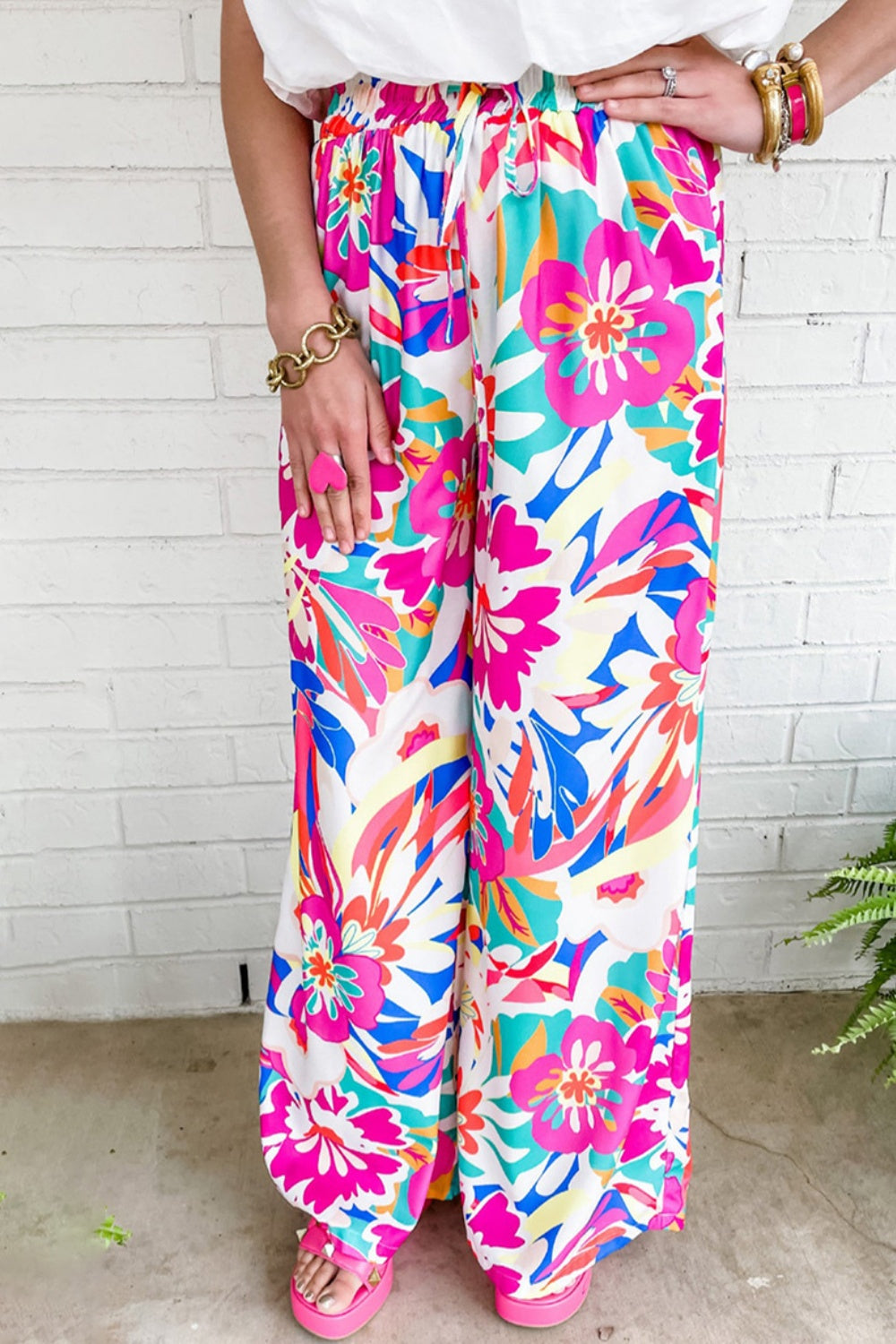 Printed Wide Leg Boho Pants - Spirit and Rebel [Spirit and Rebel] Hot Pink S 