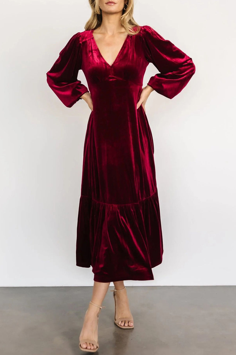 V-Neck Long Sleeve Midi Velvet Dress [Spirit and Rebel] Burgundy S