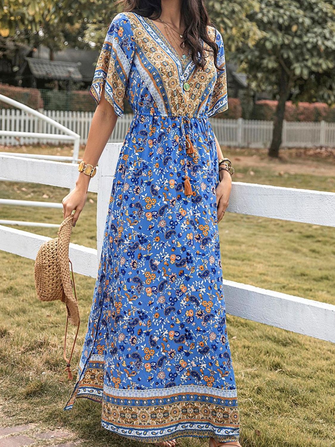 Slit Printed V-Neck Half Sleeve Maxi Boho Dress - Spirit and Rebel [Spirit and Rebel]   