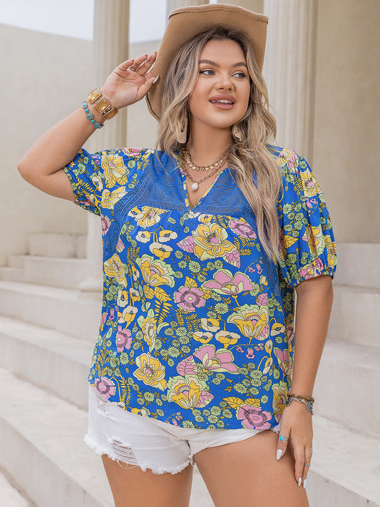 Plus Size Printed Notched Short Sleeve Boho Blouse - Spirit and Rebel [Spirit and Rebel] Blue 0XL 