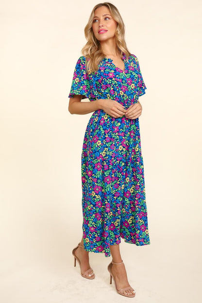 Printed Notched Short Sleeve Boho Dress with Pockets - Spirit and Rebel [Spirit and Rebel]   