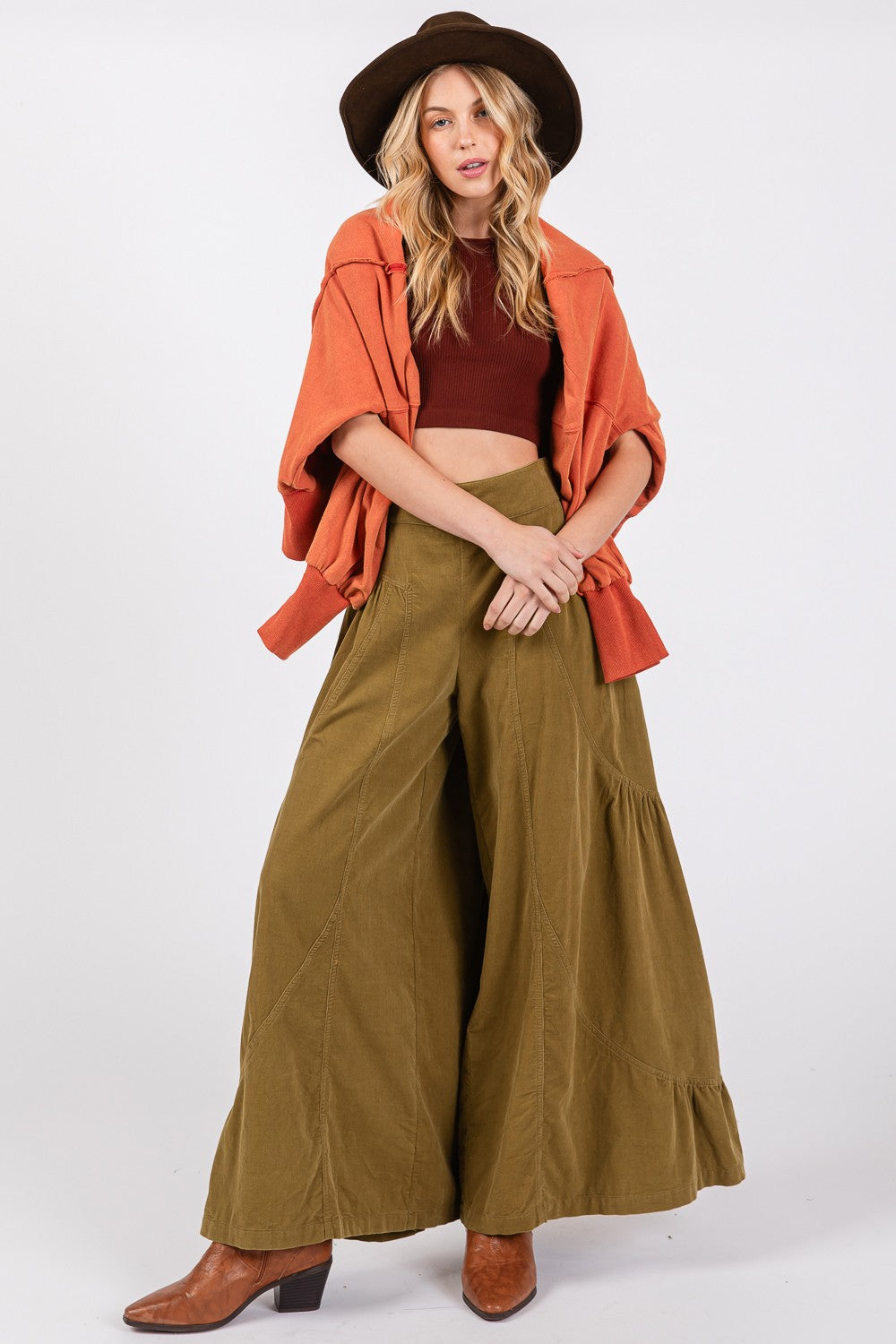 High Rise Corduroy Wide Leg Boho Pants - Spirit and Rebel [Spirit and Rebel] Olive Green S 