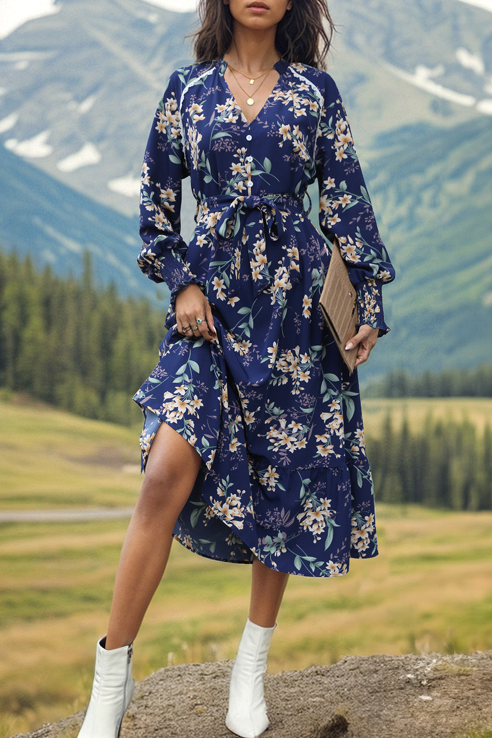 Printed Notched Lantern Sleeve Boho Midi Dress [Spirit and Rebel] Navy S 