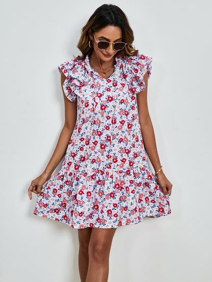 Tied Floral Cap Sleeve Mini Boho Dress - Spirit and Rebel [Spirit and Rebel]   