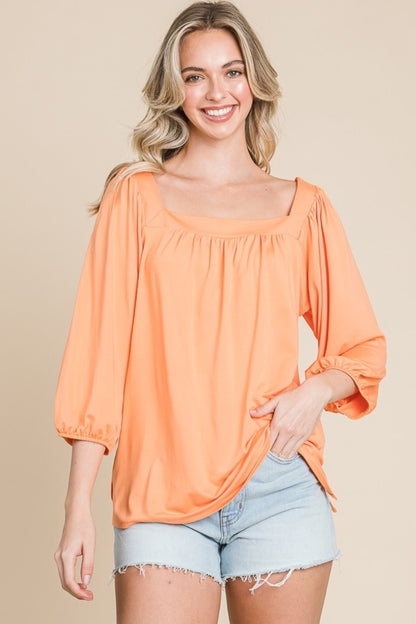 Spirit and Rebel Square Neck Puff Sleeve Boho Top [Spirit and Rebel] Salmon S 