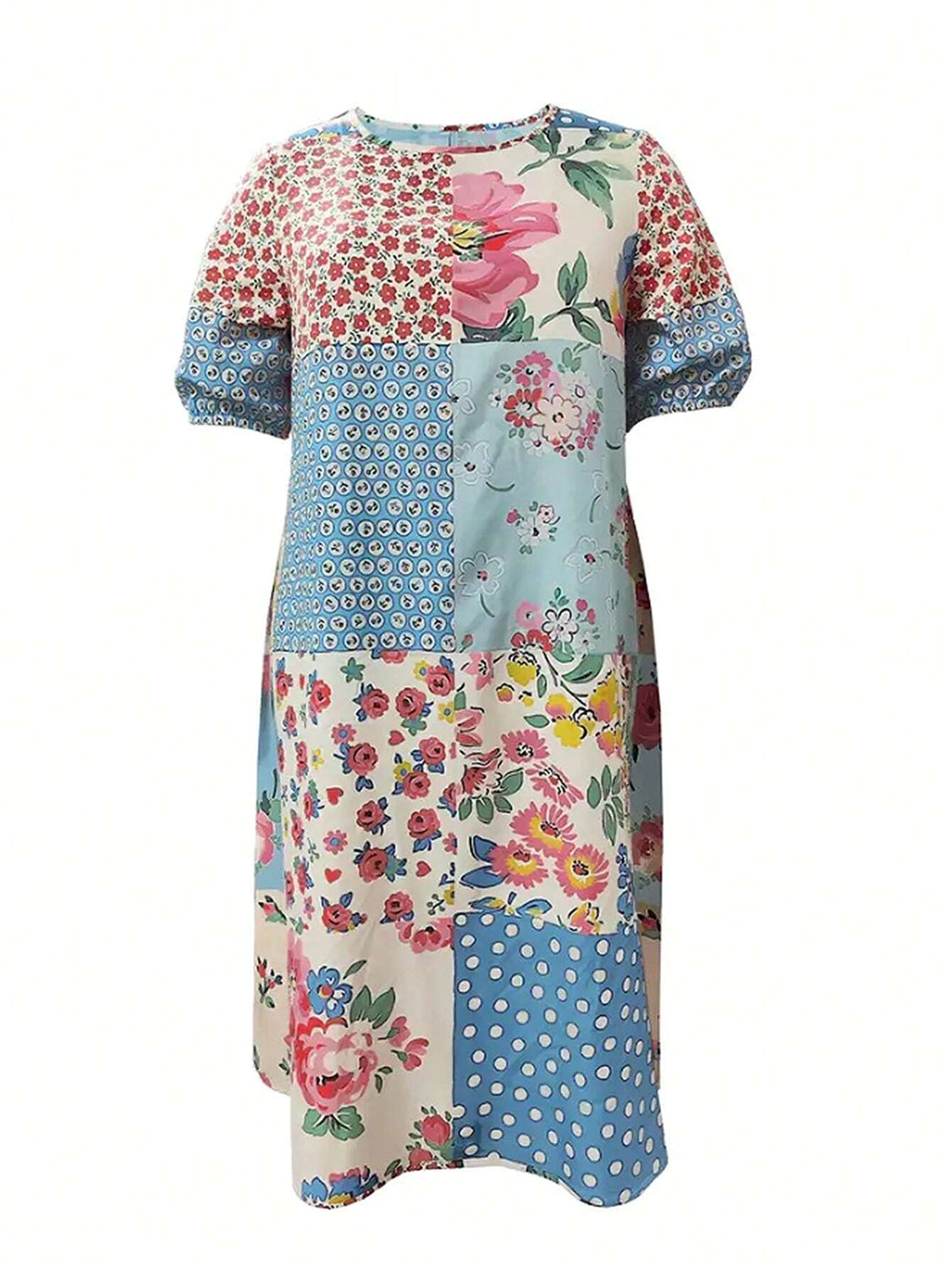 Patchwork Printed Round Neck Midi Dress - Spirit and Rebel [Spirit and Rebel]   