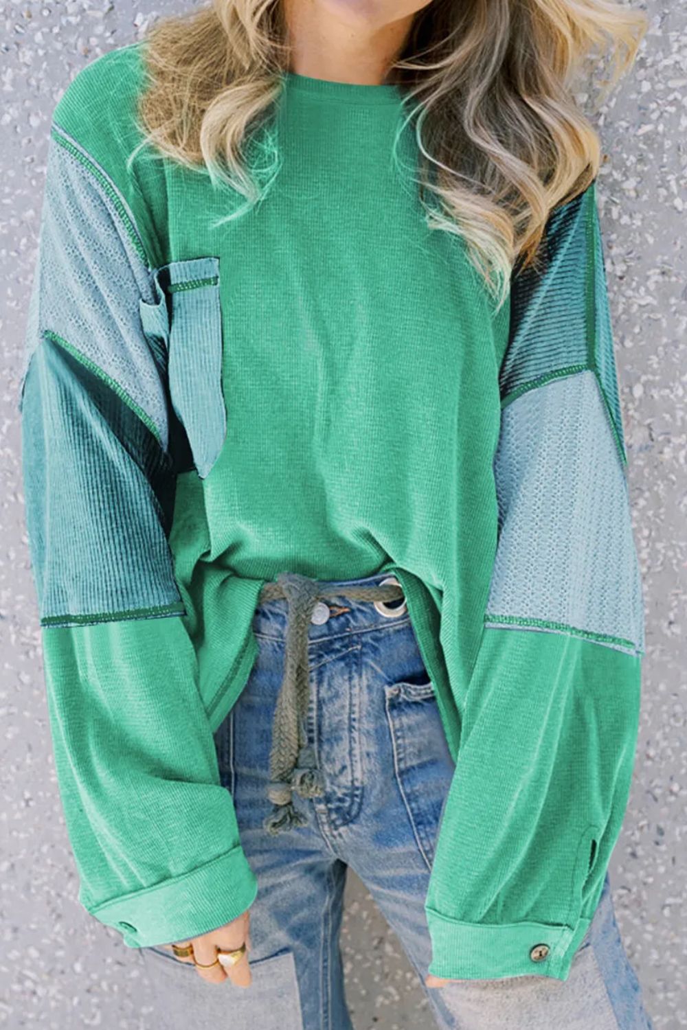 Spirit and Rebel Patchwork Color Block Round Neck Long Sleeve Boho Top [Spirit and Rebel] Green XL 