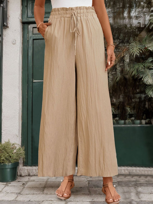 Frill Wide Leg Boho Pants - Spirit and Rebel [Spirit and Rebel] Tan S 