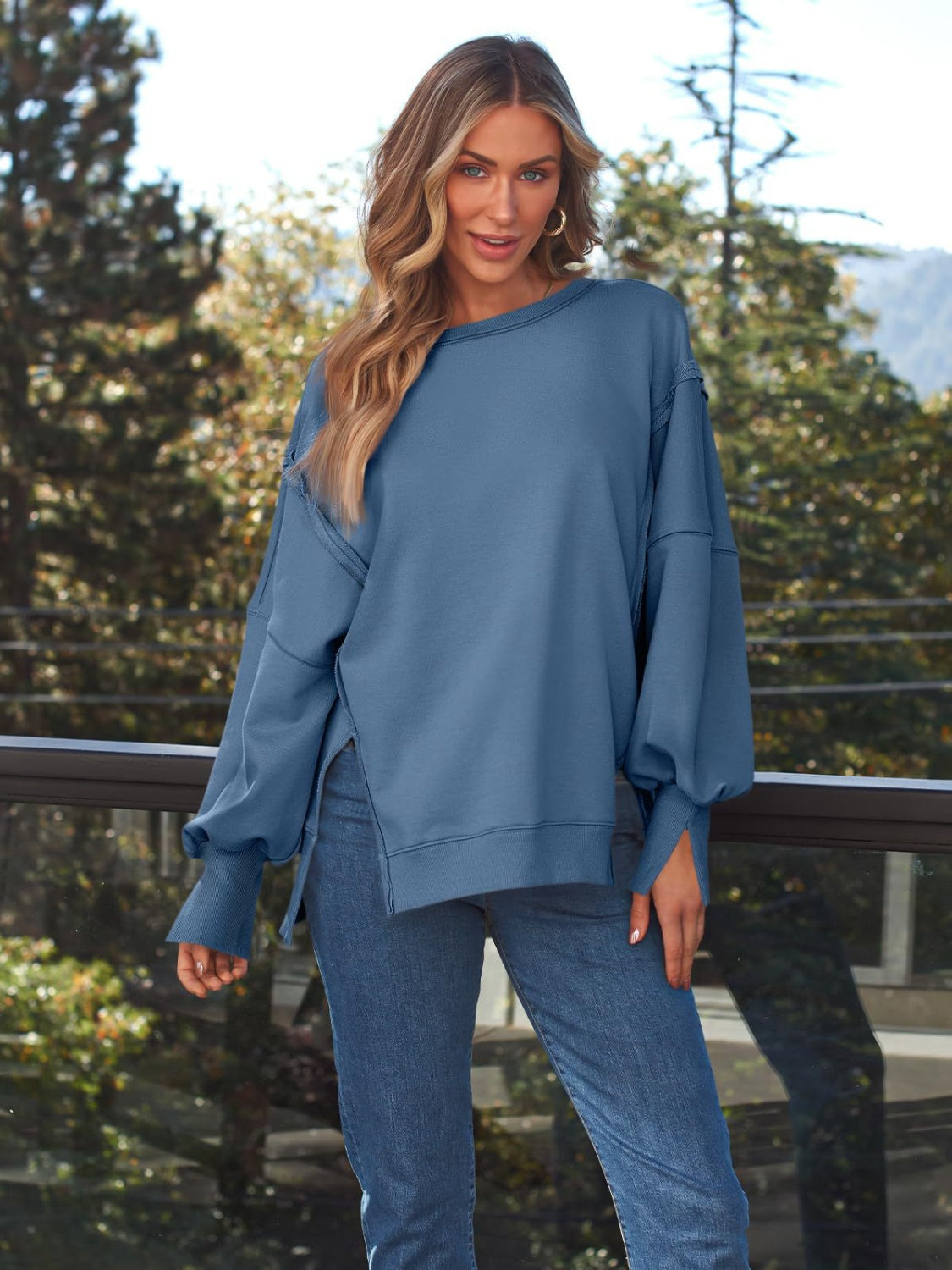 Slit Round Neck Long Sleeve Boho Sweatshirt - Spirit and Rebel [Spirit and Rebel] Dusty Blue S 