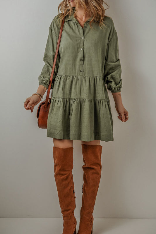 Tiered Collared Neck Balloon Sleeve Shirt Dress [Spirit and Rebel] Army Green S