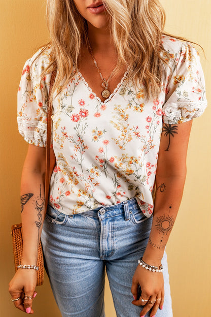 Printed V-Neck Puff Sleeve Boho Blouse [Spirit and Rebel]   