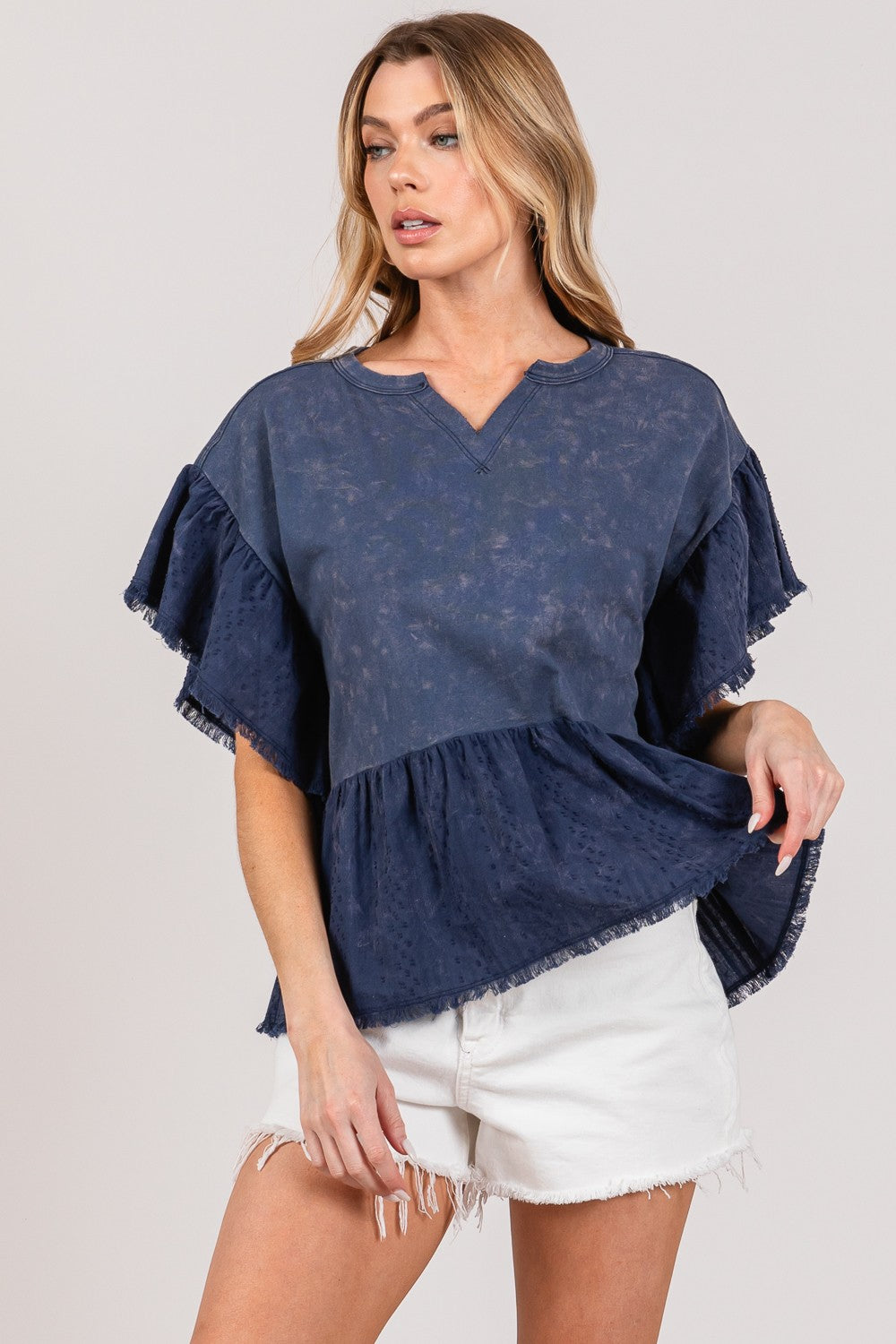 Ruffle Sleeve Washed Short Sleeve Boho Blouse - Spirit and Rebel [Spirit and Rebel]   