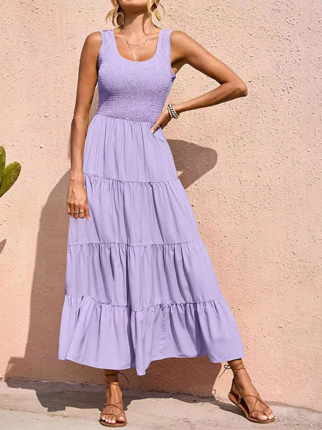 Boho Chic  Tiered Smocked Wide Strap Dress [Spirit and Rebel] Lavender S 