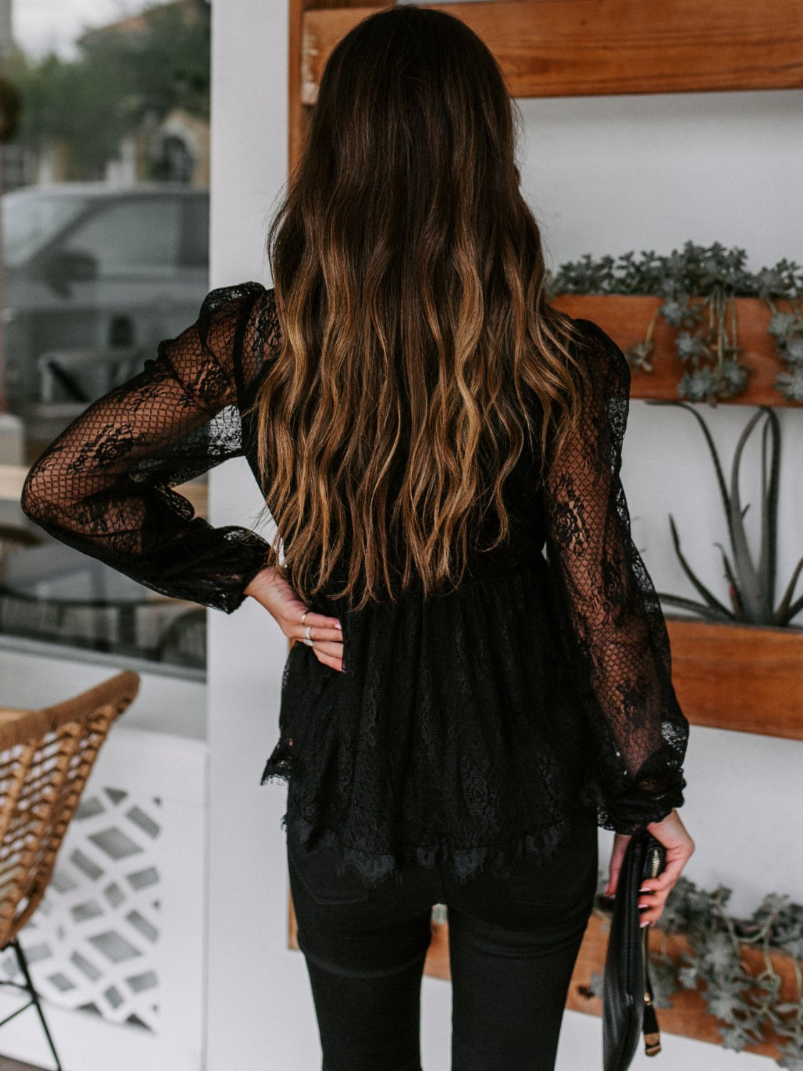 Boho Chic  Lace Detail Plunge Long Sleeve Blouse [Spirit and Rebel]   