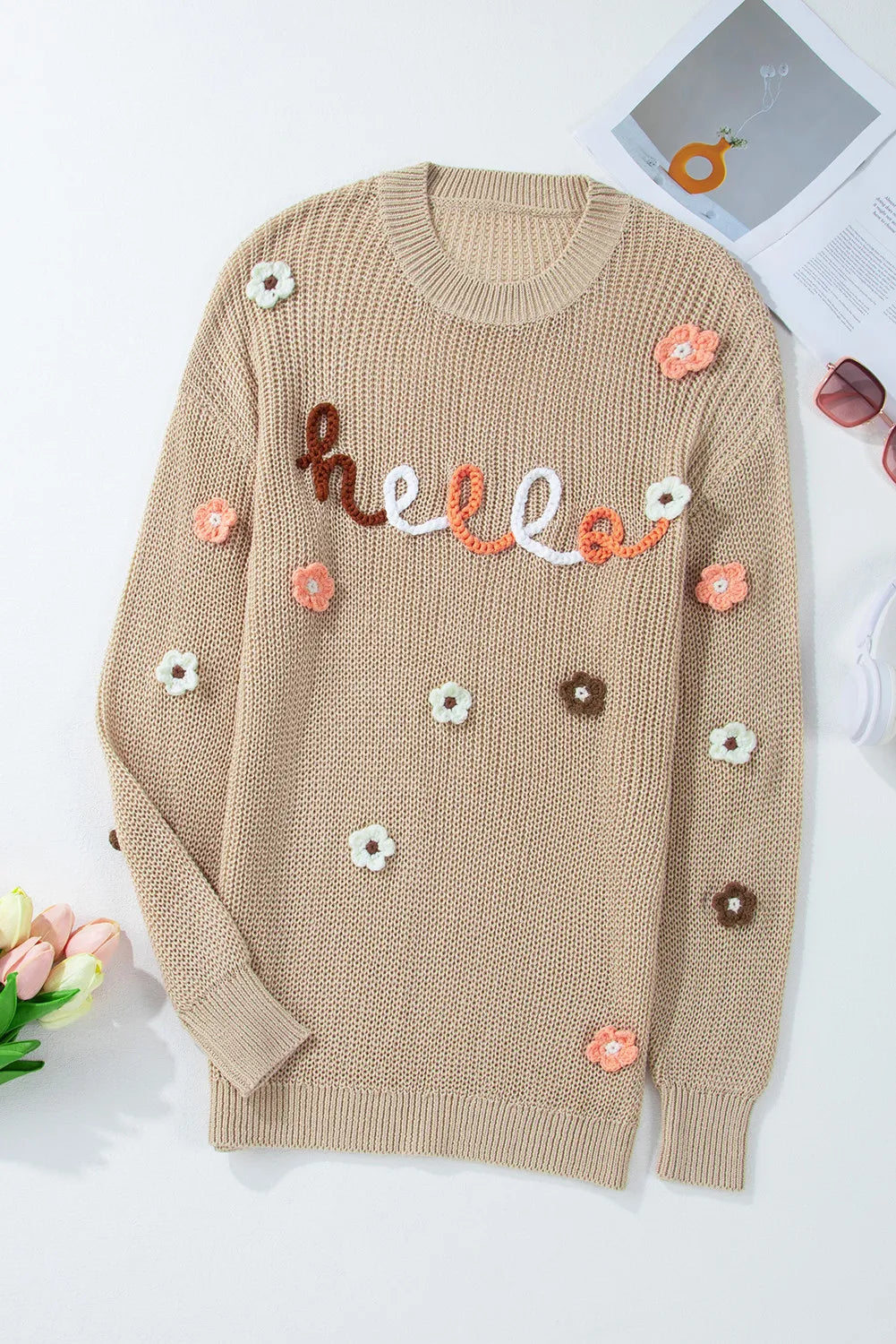 Spirit and Rebel Flower Round Neck Long Sleeve Boho Sweater [Spirit and Rebel]   