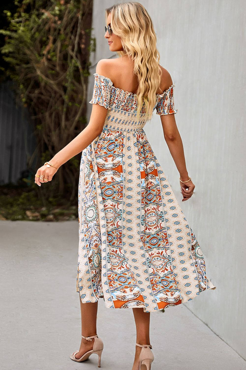 Off-Shoulder Frill Trim Split Boho Wedding Guest Dress [Spirit and Rebel]   