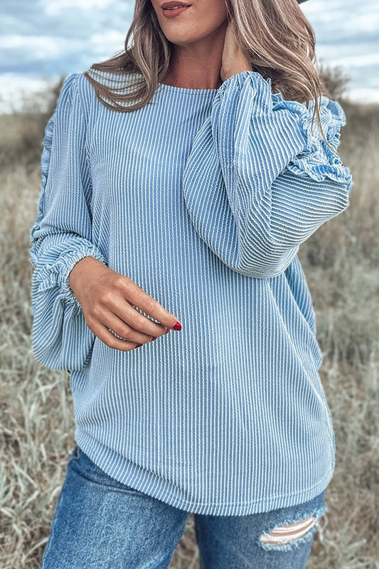 Frill Texture Round Neck Long Sleeve Boho Sweatshirt [Spirit and Rebel] Pastel  Blue S 