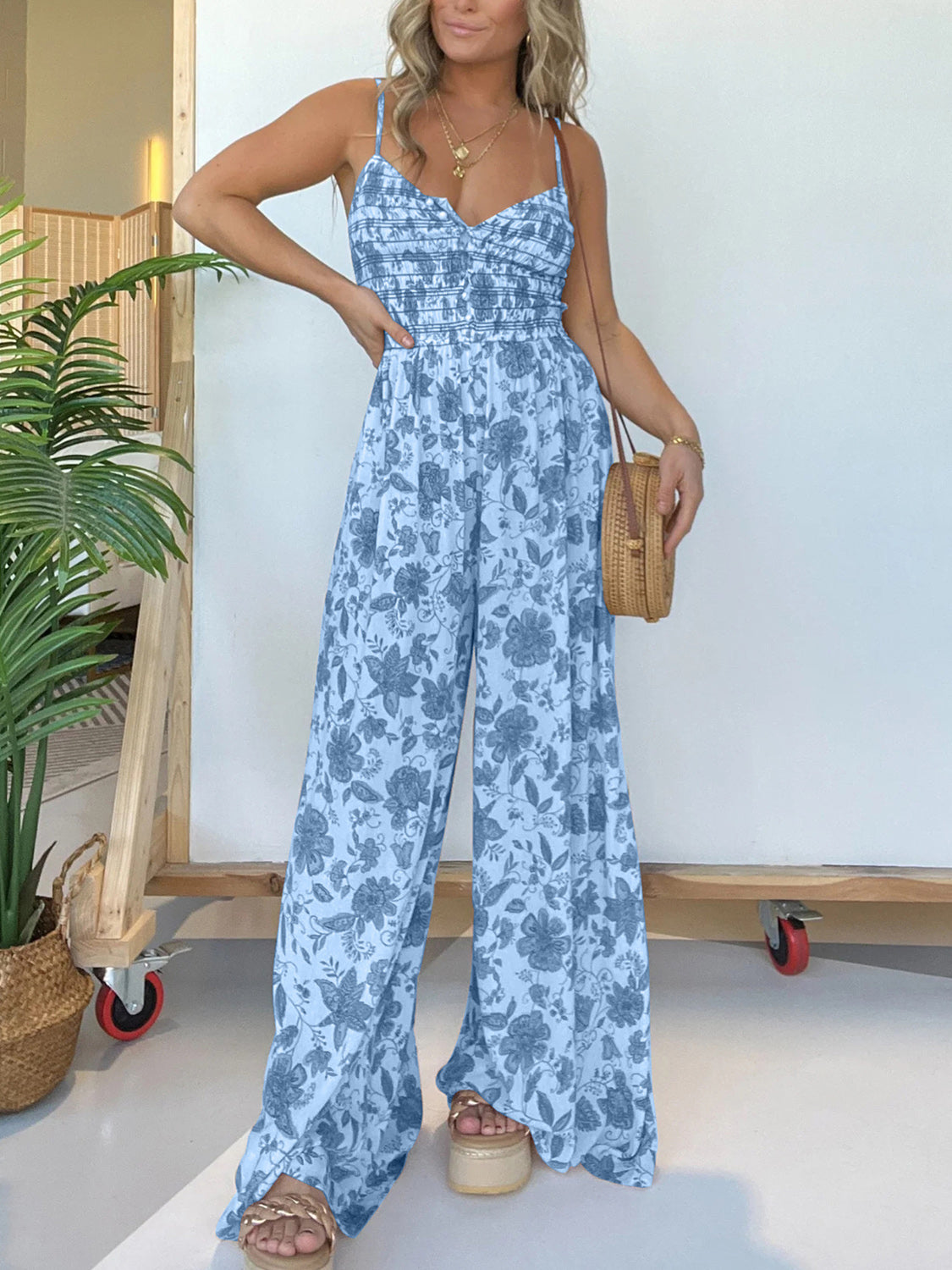 Plus Size Printed Spaghetti Strap Wide Leg Boho Jumpsuit - Spirit and Rebel [Spirit and Rebel] Blue S 