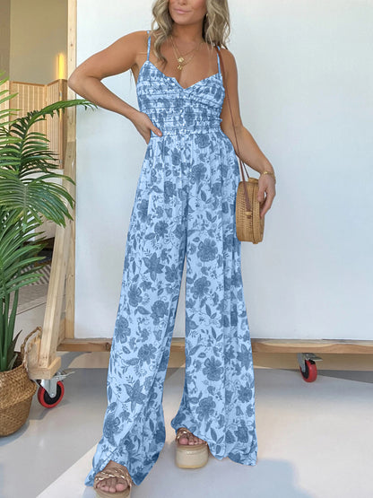 Plus Size Printed Spaghetti Strap Wide Leg Boho Jumpsuit - Spirit and Rebel [Spirit and Rebel] Blue S 