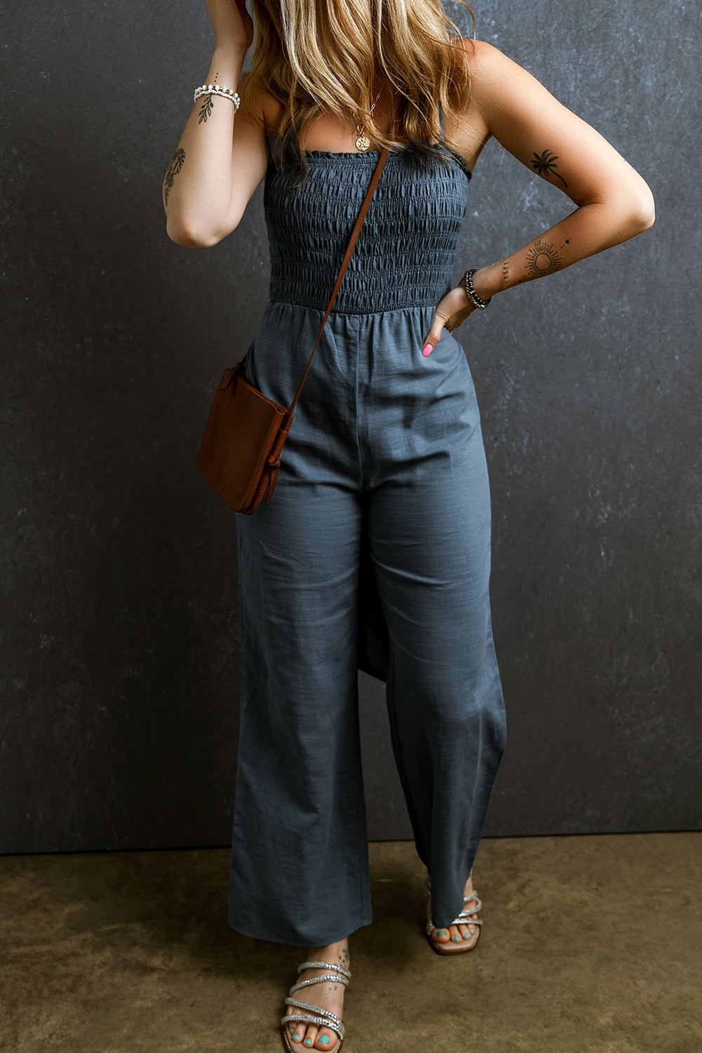 Tied Smocked Wide Leg Boho Jumpsuit - Spirit and Rebel [Spirit and Rebel]   