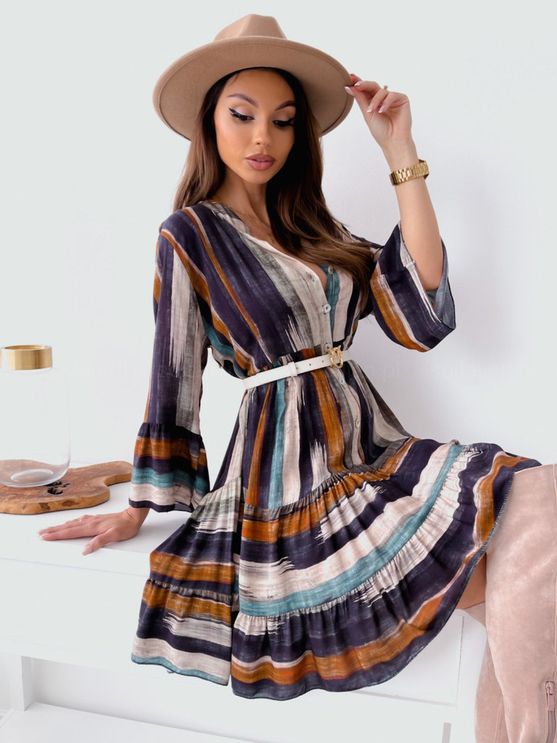 Buttoned Striped Long Sleeve Mini Dress - Spirit and Rebel [Spirit and Rebel]   