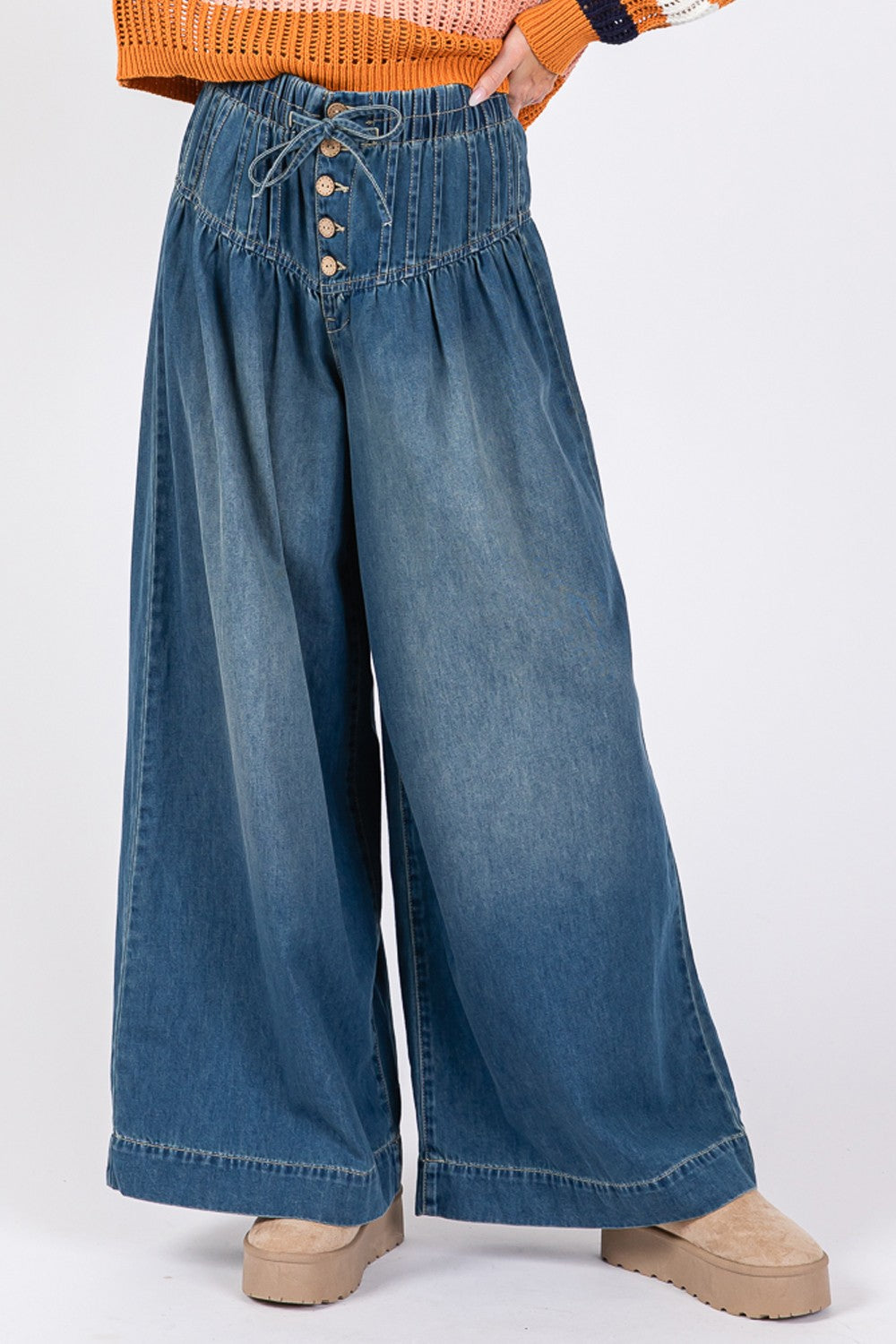 Spirit and Rebel SAGE+FIG Smocked Waist Band Wide Leg Boho Jeans [Spirit and Rebel] Denim Blue S 