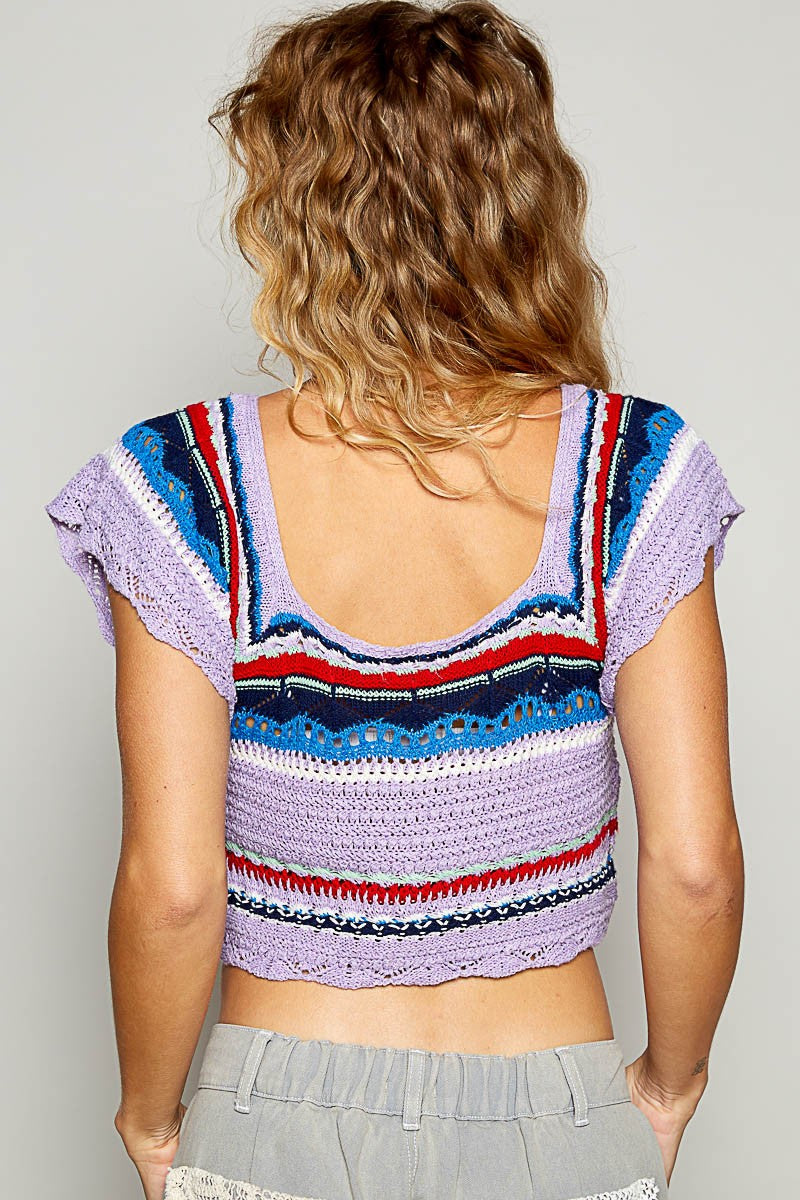 Openwork Ethnic Pattern Square Neck Cropped Knit Top