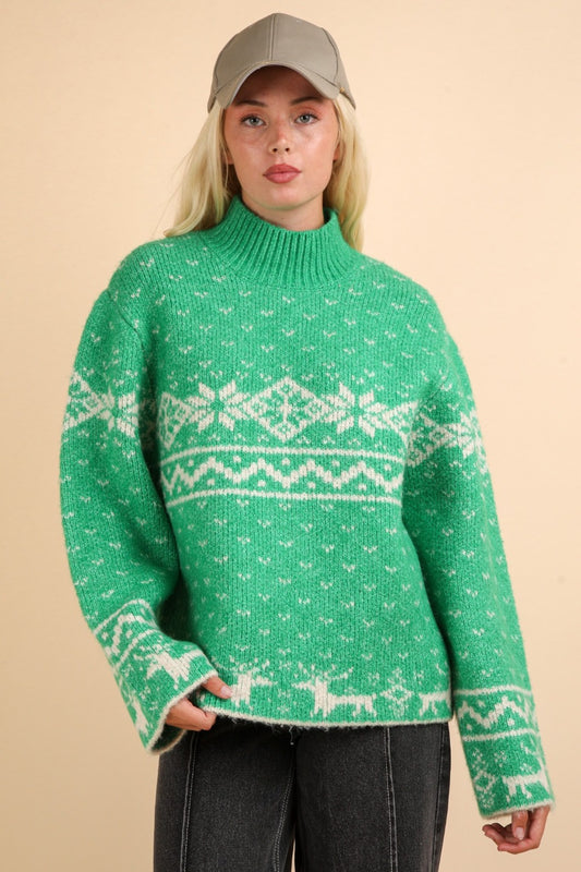 Spirit and Rebel Christmas Element Mock Neck Long Sleeve Boho Sweater [Spirit and Rebel] Green S 