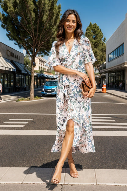 High-Low Printed Surplice Flutter Sleeve Midi Boho Wedding Guest Dress [Spirit and Rebel]   