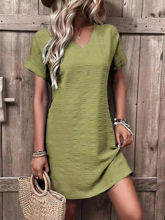 Plus Size V-Neck Short Sleeve Mini Boho Dress - Spirit and Rebel [Spirit and Rebel] Yellow-Green S 