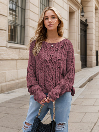 Spirit and Rebel Round Neck Dropped Shoulder Long Sleeve Boho Sweater [Spirit and Rebel] Mauve S 