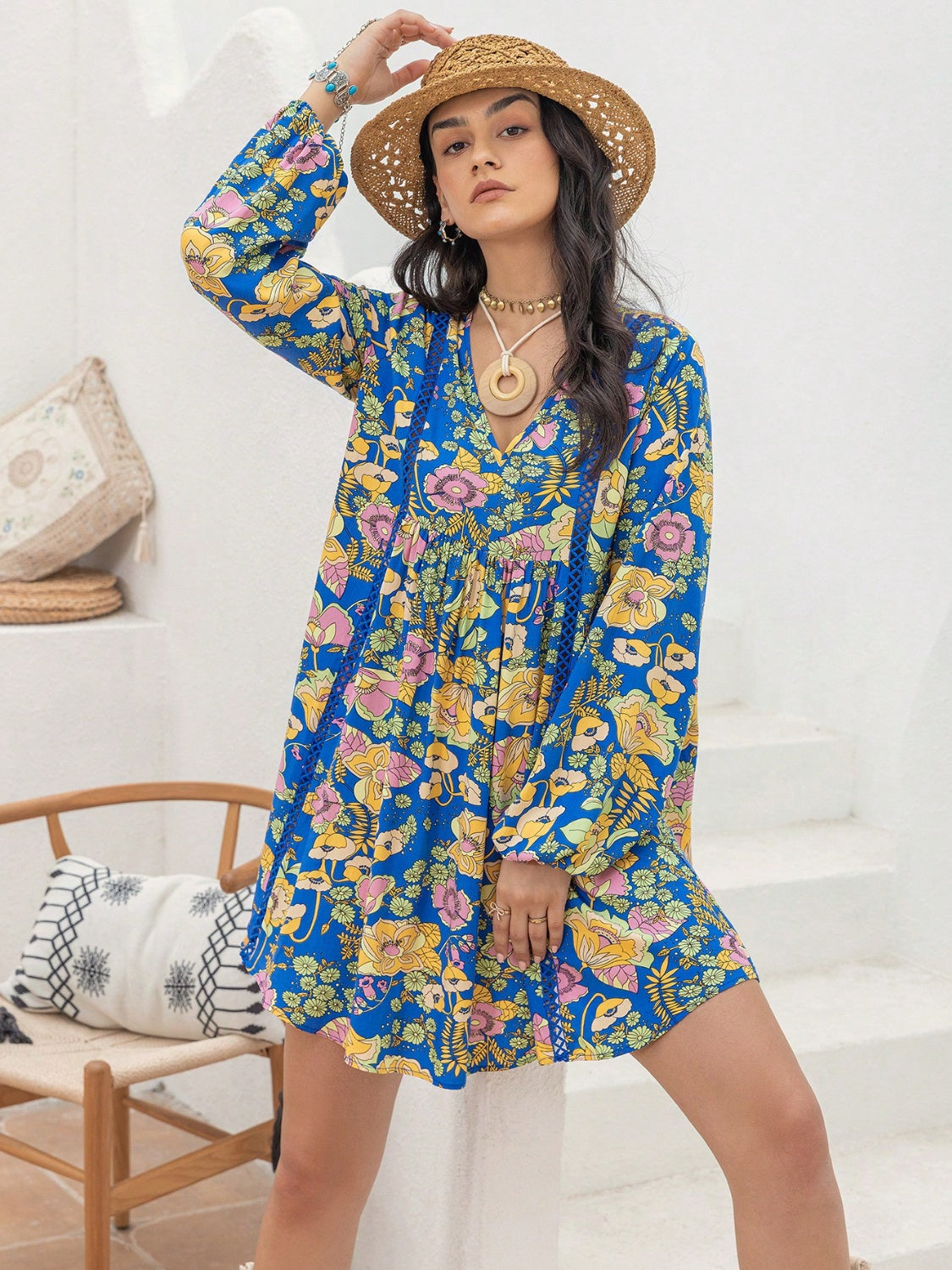 Printed V-Neck Balloon Sleeve Mini Boho Dress - Spirit and Rebel [Spirit and Rebel]   