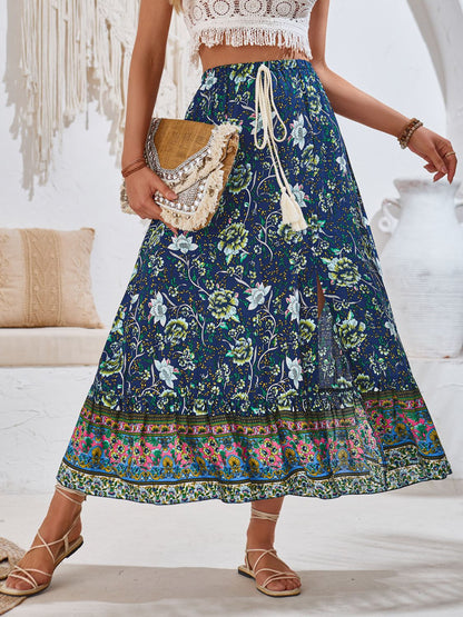 Tied Printed Midi Boho Skirt - Spirit and Rebel [Spirit and Rebel] Peacock  Blue S 