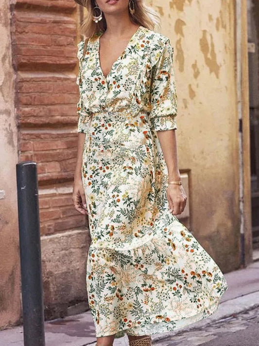 Floral Cutout Flounce Sleeve Boho Wedding Guest Dress [Spirit and Rebel] Floral S 