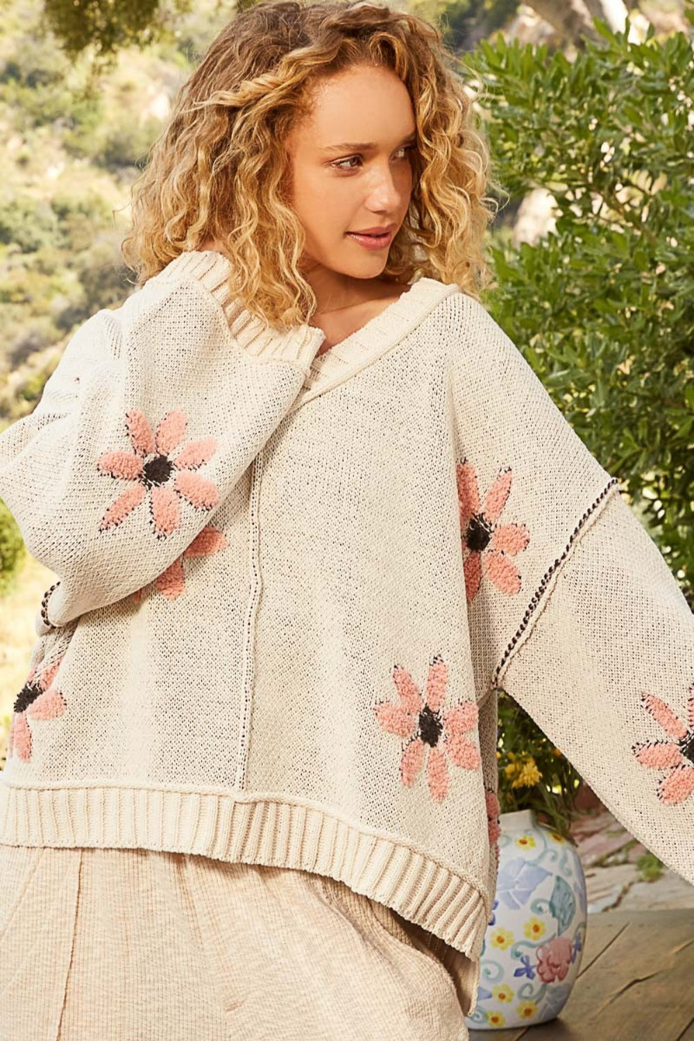 Spirit and Rebel V-Neck Floral Pattern Chenille Boho Sweater [Spirit and Rebel]   